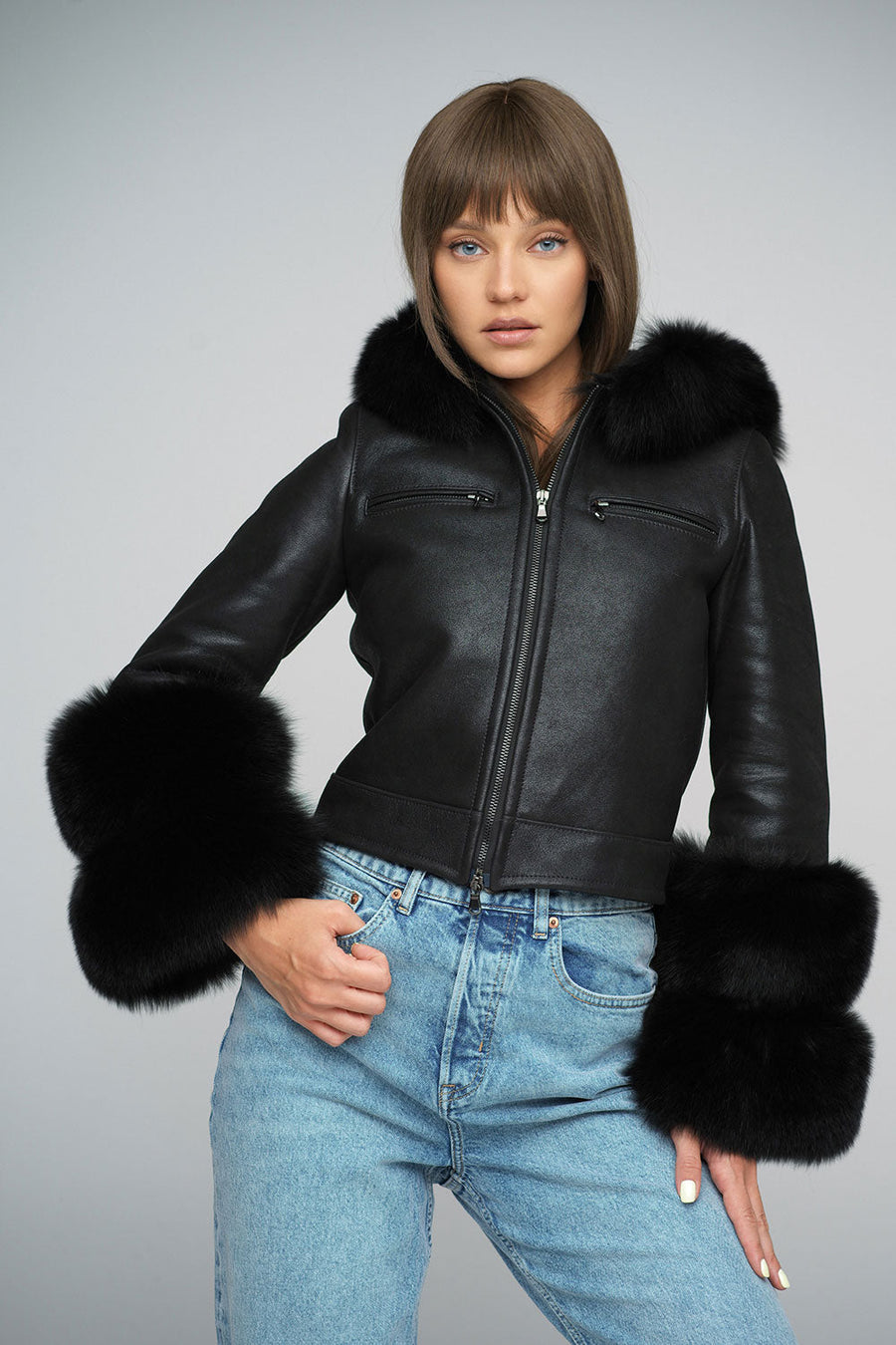 Delphina Beaumont — Black Merino Leather Jacket with Fox Fur Collar and Cuffs, alternate view 2