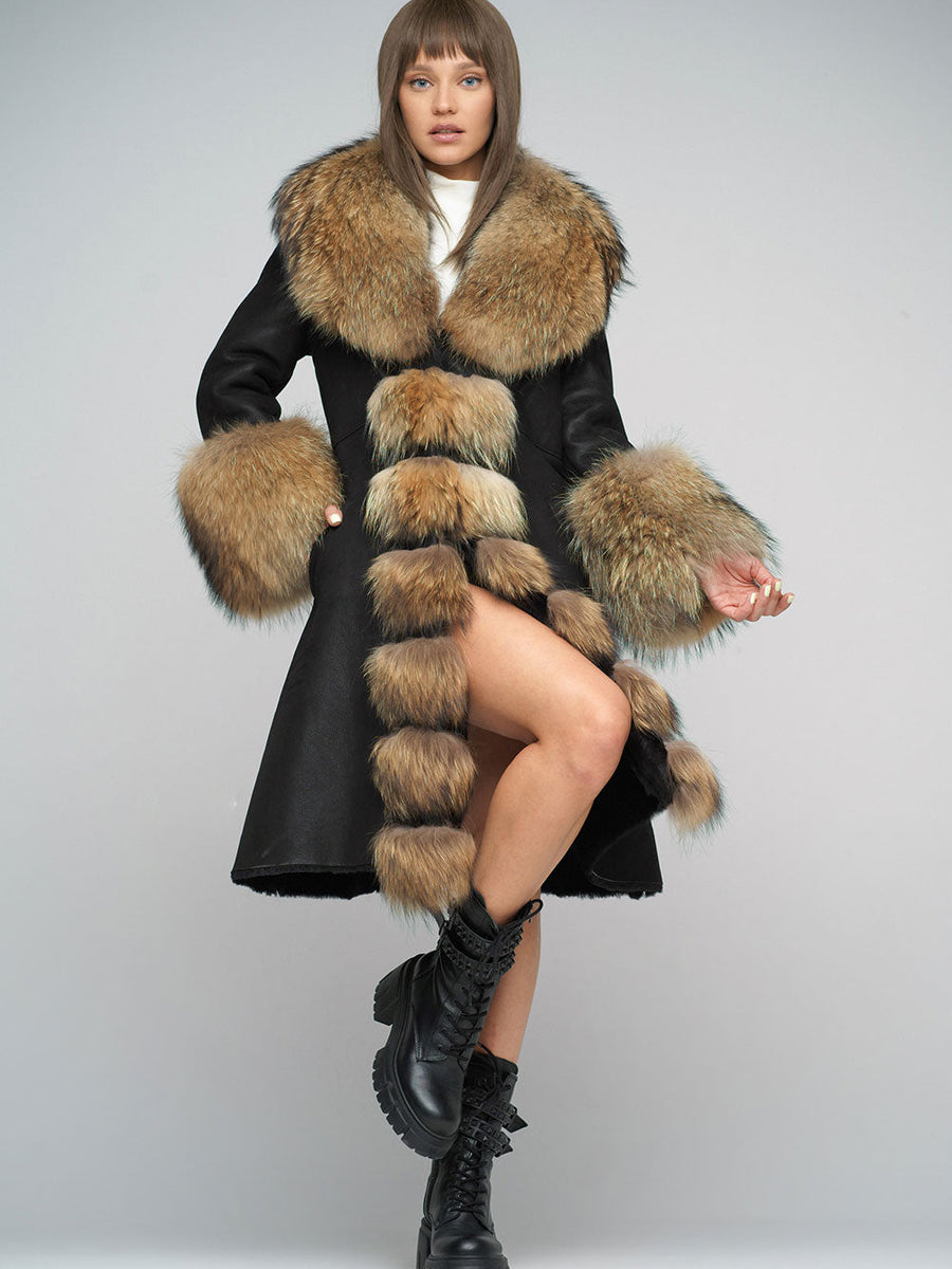 Black Genuine Maxi Sheepskin Overcoat with Arctic Raccoon Fur Detailing