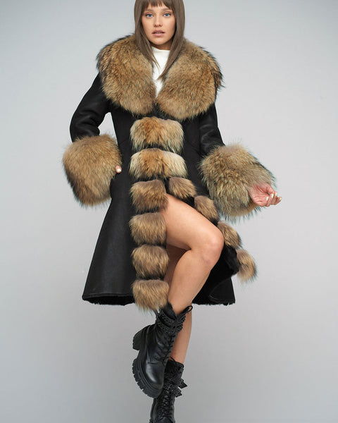 Black Genuine Maxi Sheepskin Overcoat with Arctic Raccoon Fur Detailing