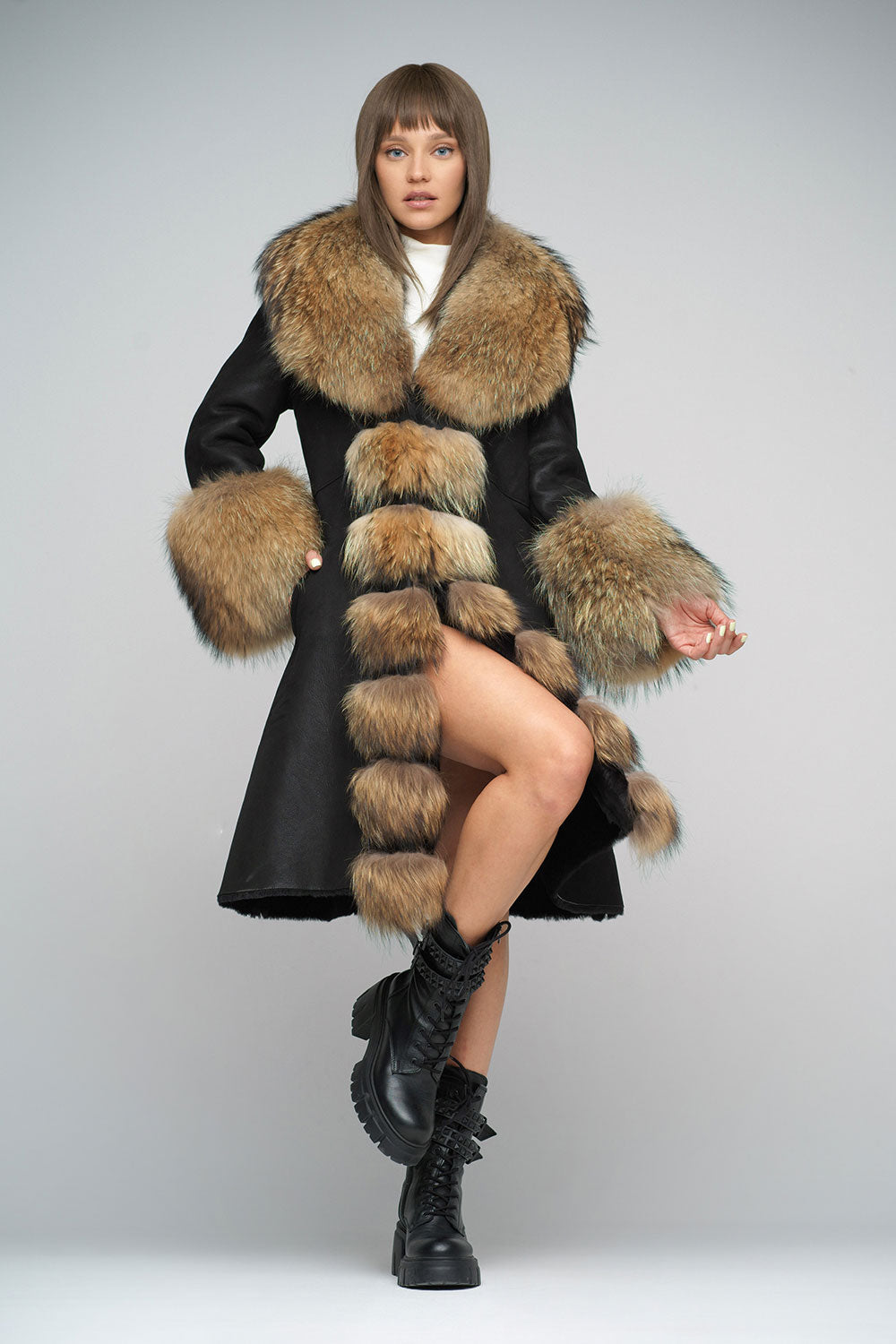 Leonie Rivière — Black Genuine Maxi Sheepskin Overcoat with Arctic Raccoon Fur Detailing Brown Women's…, alternate view 3