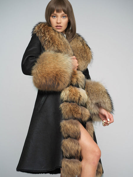 Black Genuine Maxi Sheepskin Overcoat with Arctic Raccoon Fur Detailing