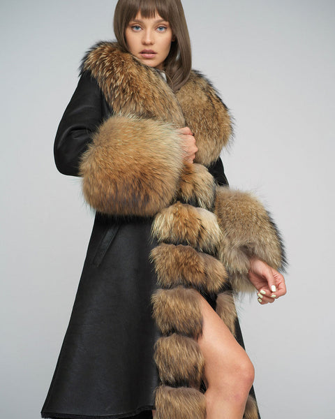 Black Genuine Maxi Sheepskin Overcoat with Arctic Raccoon Fur Detailing