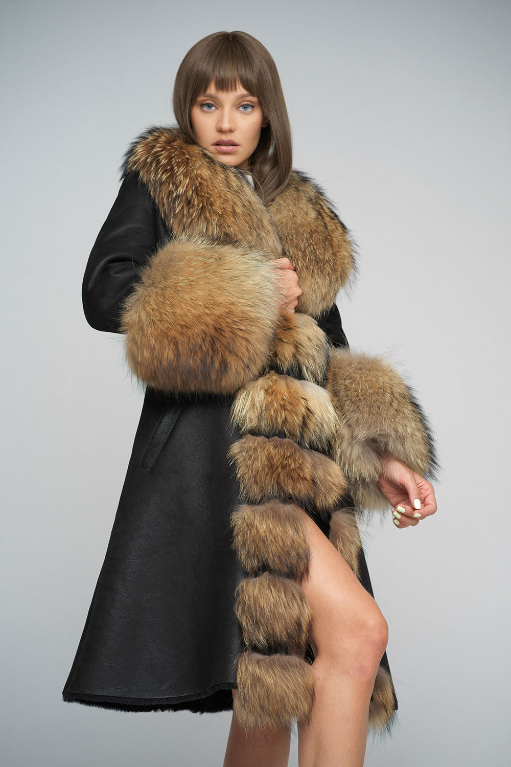 Leonie Rivière — Black Genuine Maxi Sheepskin Overcoat with Arctic Raccoon Fur Detailing Brown Women's…, alternate view 2
