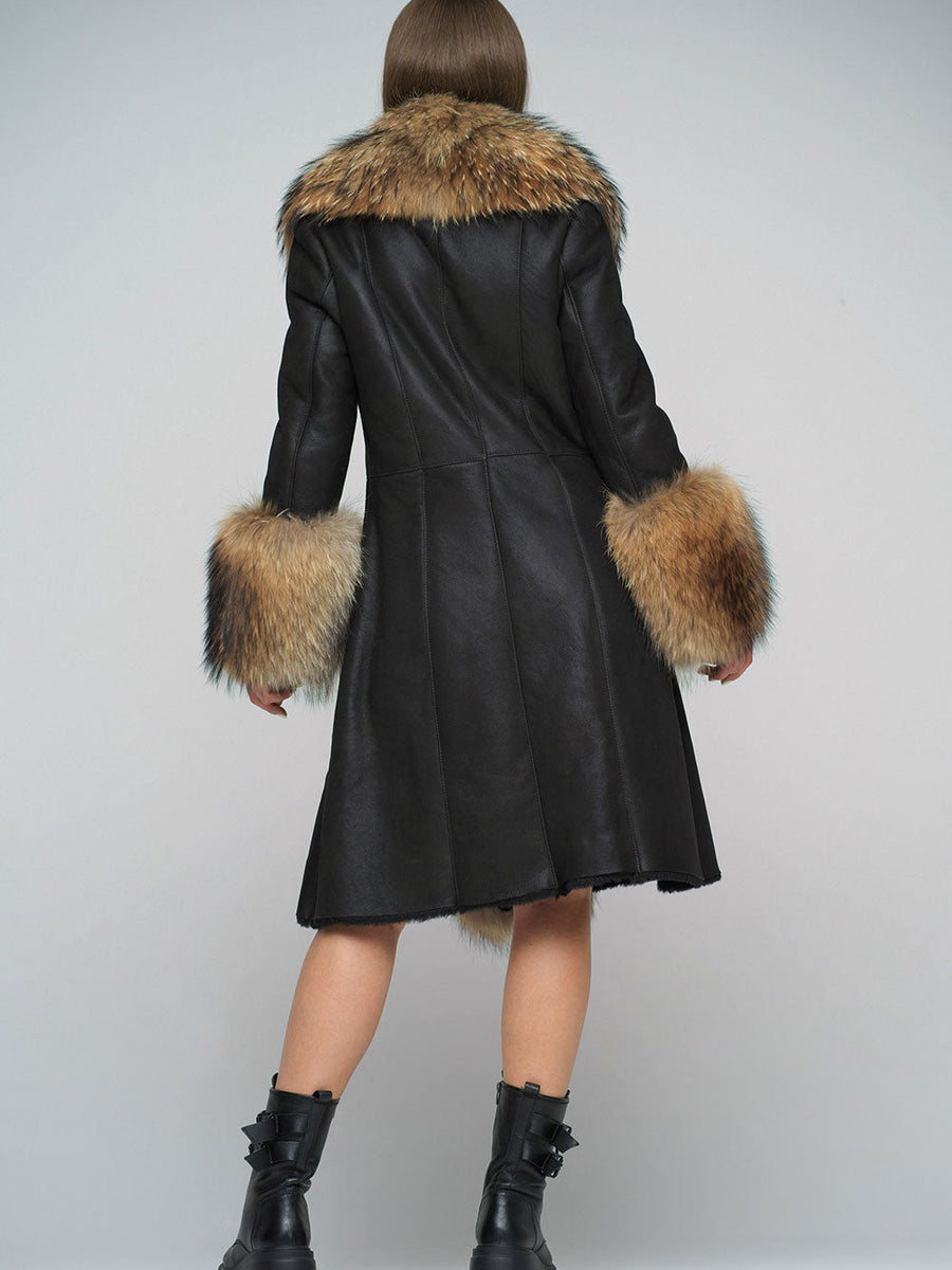 Black Genuine Maxi Sheepskin Overcoat with Arctic Raccoon Fur Detailing