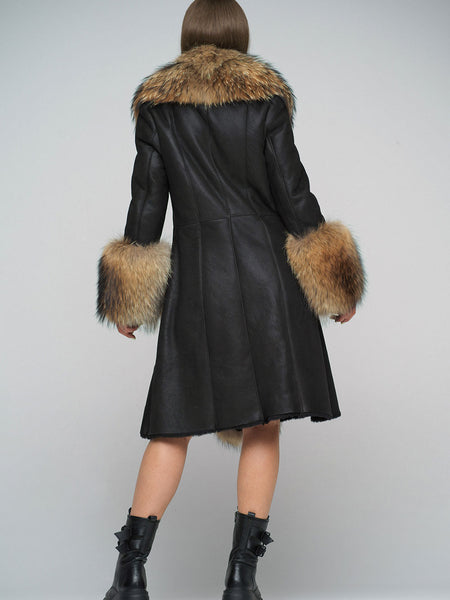 Black Genuine Maxi Sheepskin Overcoat with Arctic Raccoon Fur Detailing