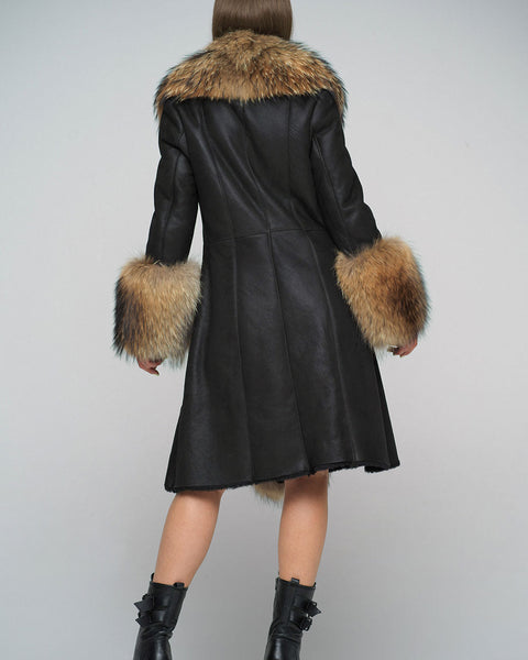 Black Genuine Maxi Sheepskin Overcoat with Arctic Raccoon Fur Detailing