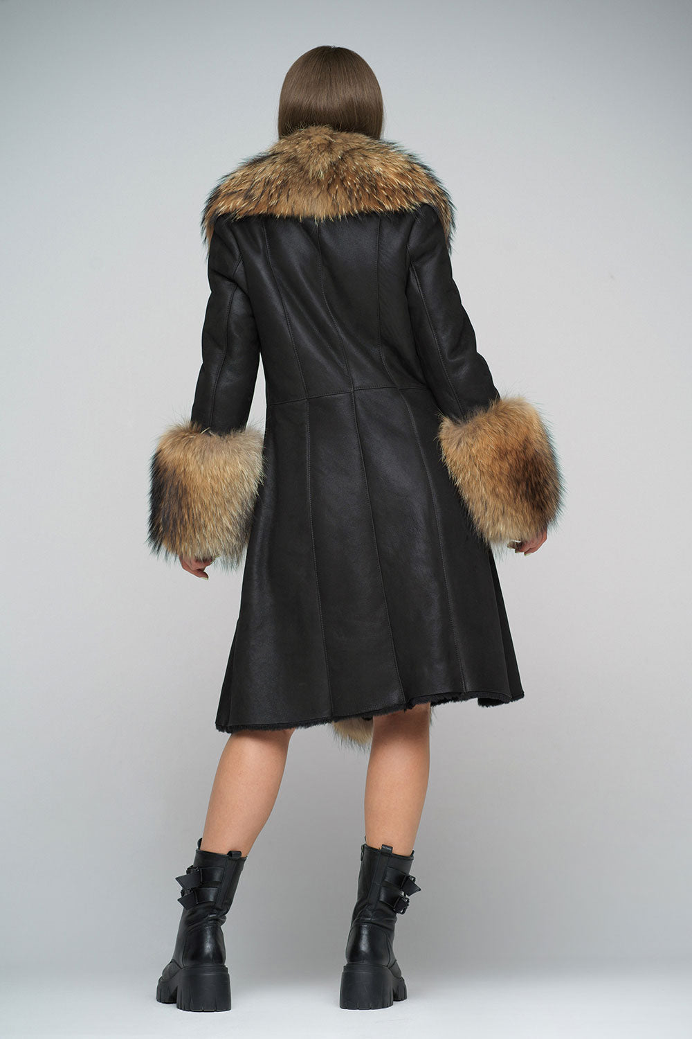 Leonie Rivière — Black Genuine Maxi Sheepskin Overcoat with Arctic Raccoon Fur Detailing Brown Women's…