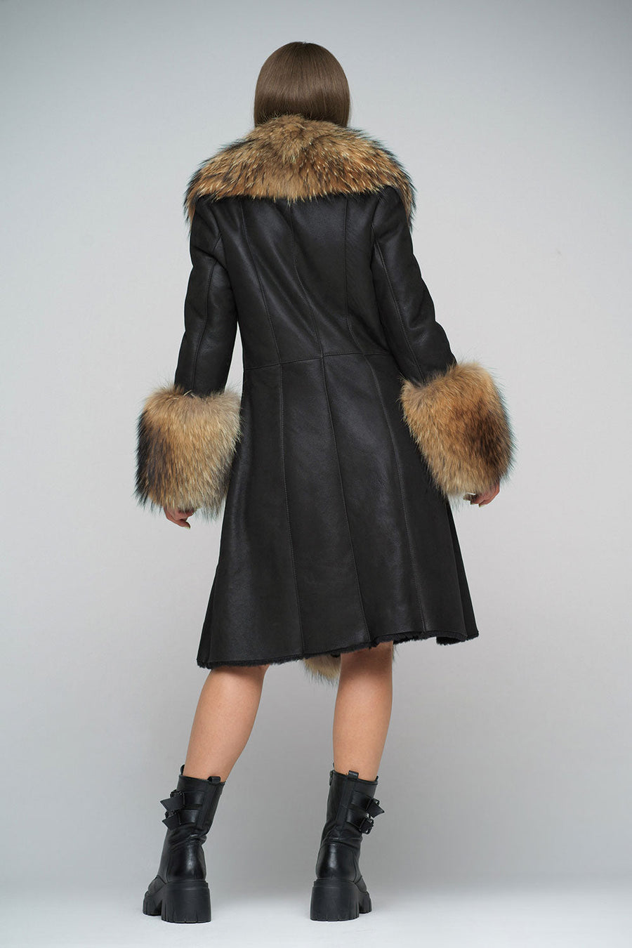 Leonie Rivière — Black Genuine Maxi Sheepskin Overcoat with Arctic Raccoon Fur Detailing Brown Women's…