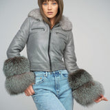Gray Merino Leather Jacket with Fox Fur Collar and Cuffs-1