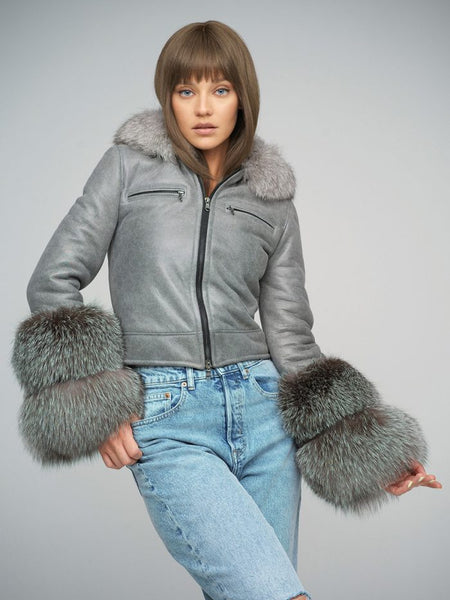 Gray Merino Leather Jacket with Fox Fur Collar and Cuffs-1