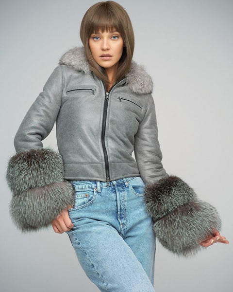 Gray Merino Leather Jacket with Fox Fur Collar and Cuffs-1