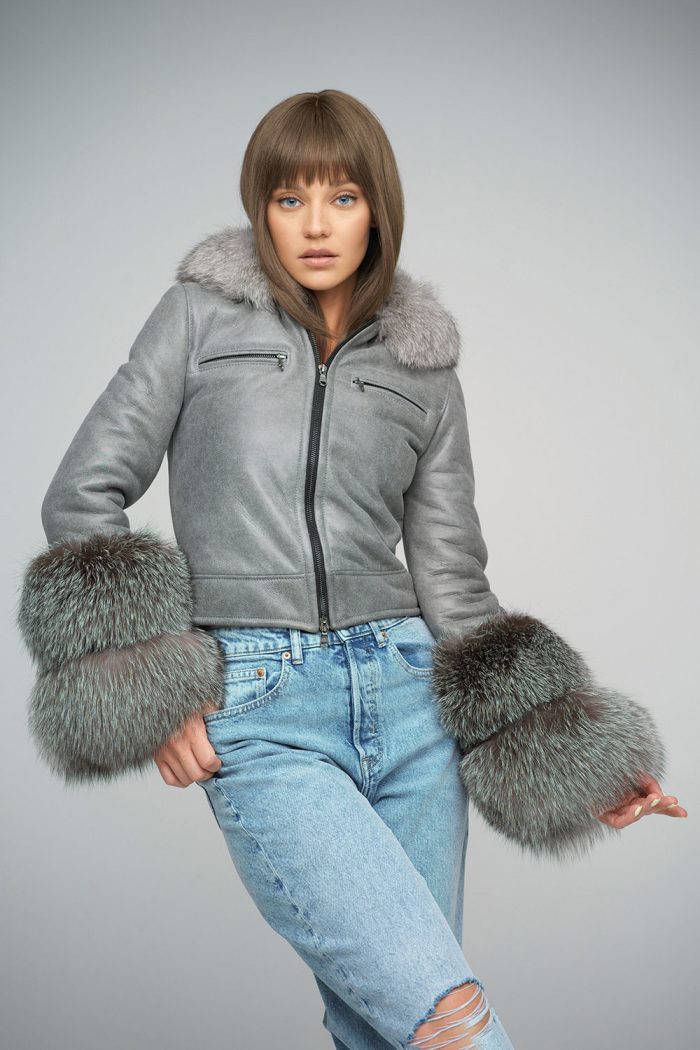 Jessara Beaumont — Gray Merino Leather Jacket with Fox Fur Collar and Cuffs, alternate view 2