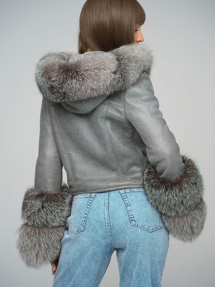Gray Merino Leather Jacket with Fox Fur Collar and Cuffs-2