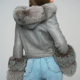 Gray Merino Leather Jacket with Fox Fur Collar and Cuffs-2