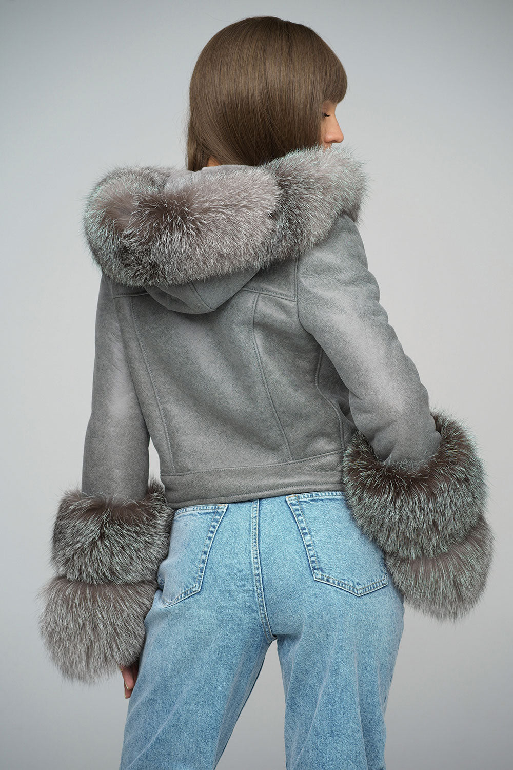 Jessara Beaumont — Gray Merino Leather Jacket with Fox Fur Collar and Cuffs, alternate view 3