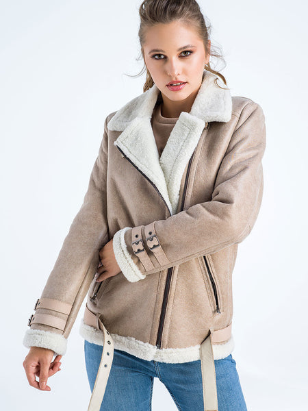 Beige Biker Bomber Sheepskin Jacket with Cream Shearling Fur