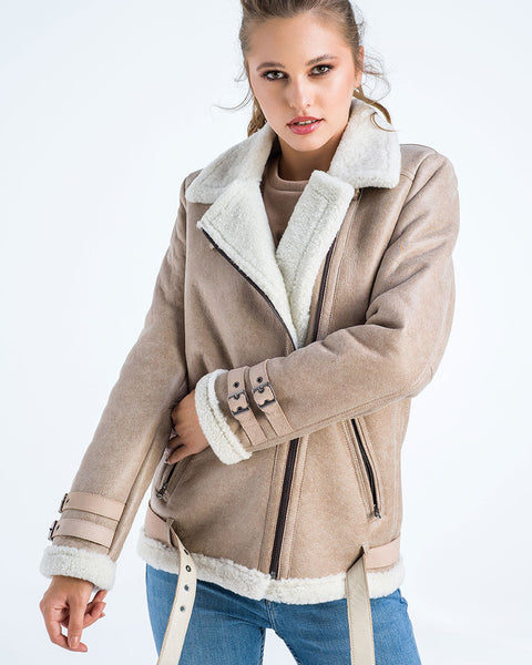Beige Biker Bomber Sheepskin Jacket with Cream Shearling Fur