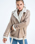 Beige Biker Bomber Sheepskin Jacket with Cream Shearling Fur