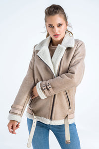 Leocadia — Beige Biker Bomber Sheepskin Jacket with Cream Shearling Fur