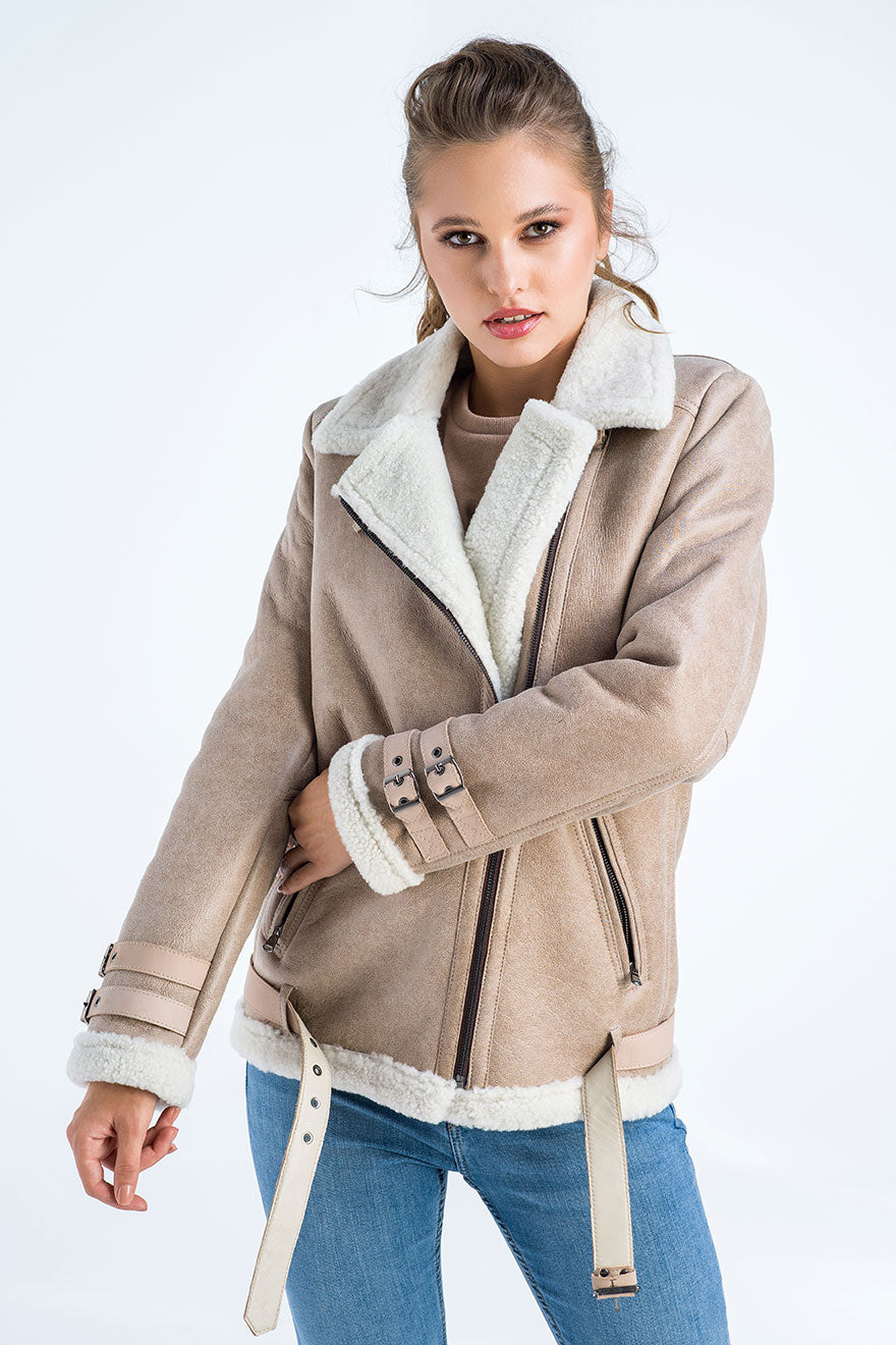Leocadia — Beige Biker Bomber Sheepskin Jacket with Cream Shearling Fur
