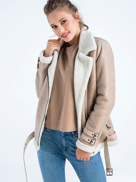 Beige Biker Bomber Sheepskin Jacket with Cream Shearling Fur