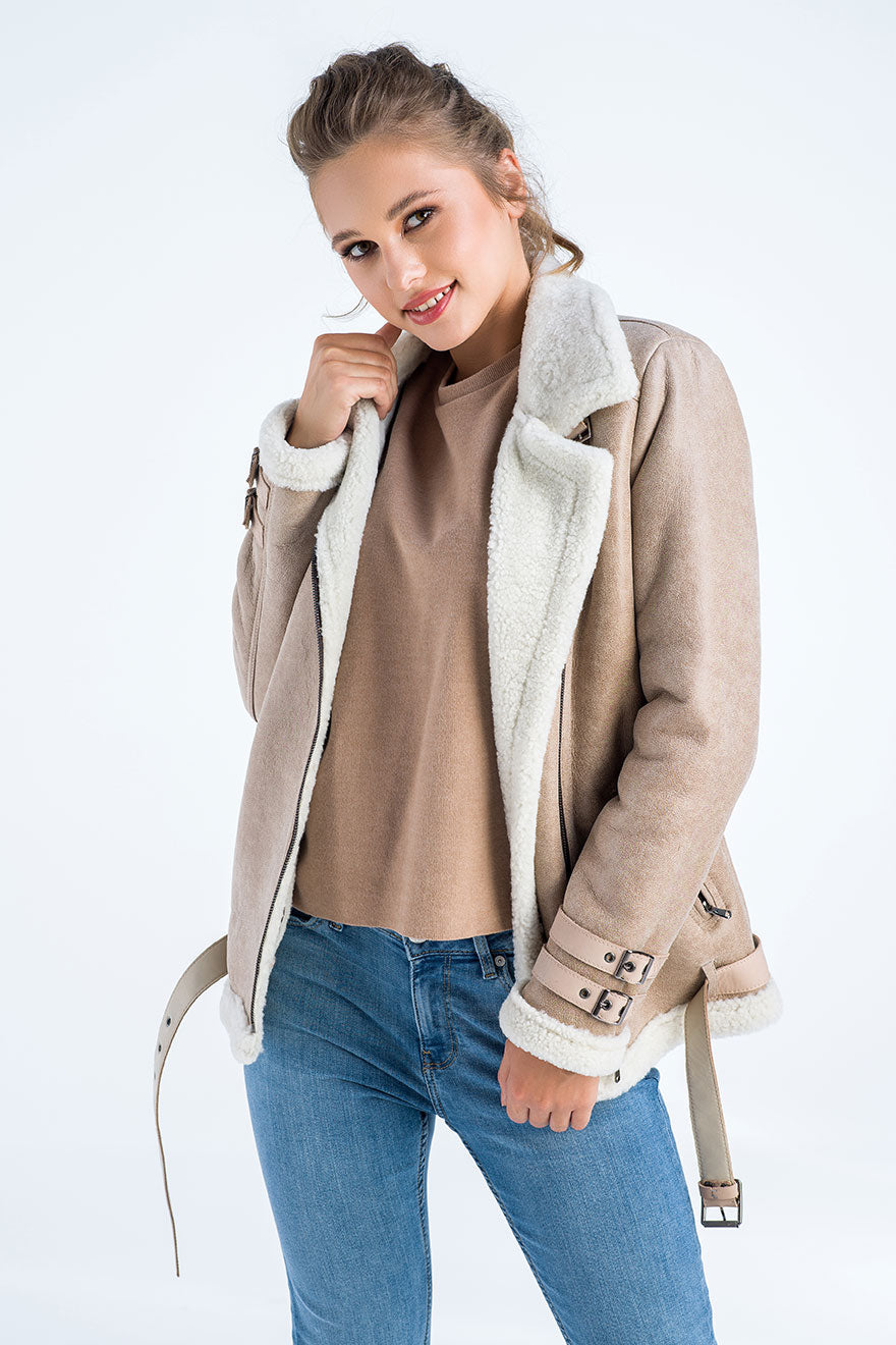 Leocadia — Beige Biker Bomber Sheepskin Jacket with Cream Shearling Fur, alternate view 3