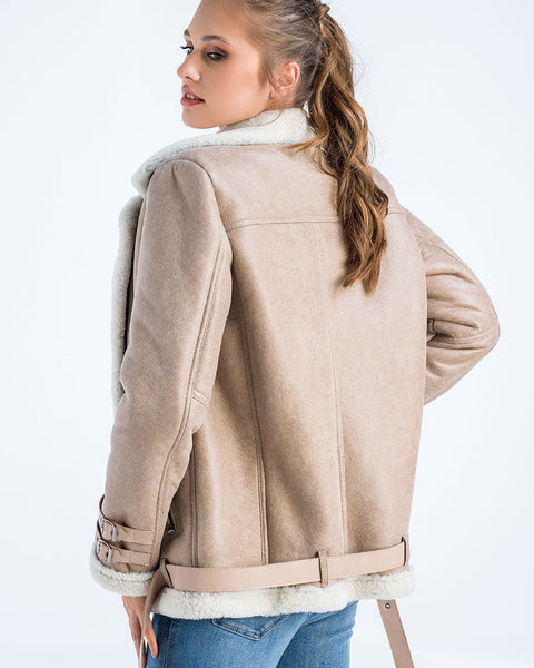 Beige Biker Bomber Sheepskin Jacket with Cream Shearling Fur