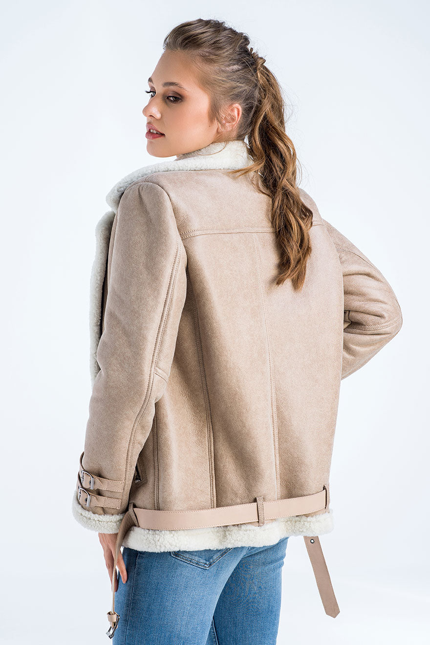 Leocadia — Beige Biker Bomber Sheepskin Jacket with Cream Shearling Fur, alternate view 2