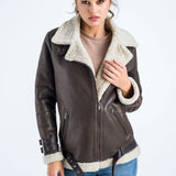 Brown Biker Bomber Sheepskin Jacket with Cream Shearling Fur-0