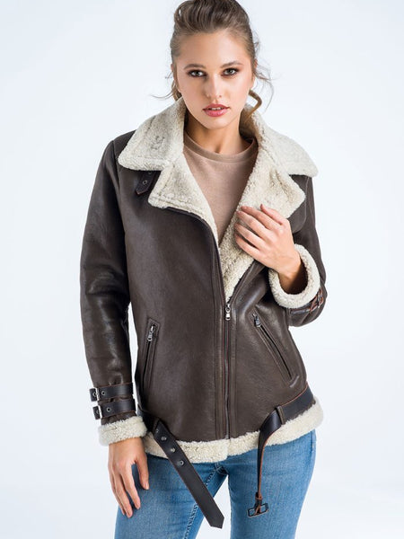 Brown Biker Bomber Sheepskin Jacket with Cream Shearling Fur-0