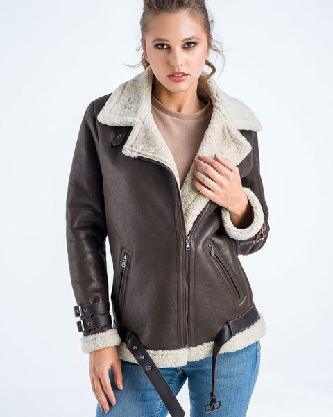 Brown Biker Bomber Sheepskin Jacket with Cream Shearling Fur-0