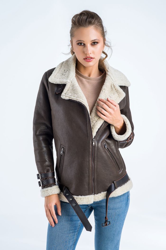 Zenaida — Brown Biker Bomber Sheepskin Jacket with Cream Shearling Fur