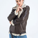 Brown Biker Bomber Sheepskin Jacket with Cream Shearling Fur-2