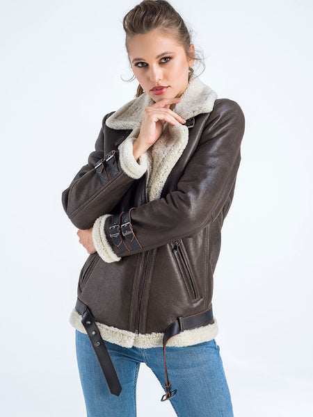 Brown Biker Bomber Sheepskin Jacket with Cream Shearling Fur-2