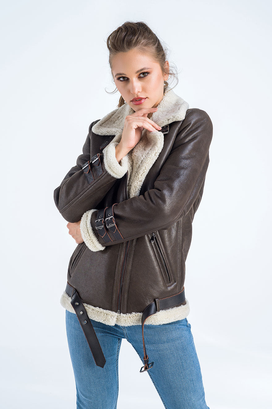 Zenaida — Brown Biker Bomber Sheepskin Jacket with Cream Shearling Fur, alternate view 3