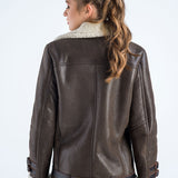Brown Biker Bomber Sheepskin Jacket with Cream Shearling Fur-1