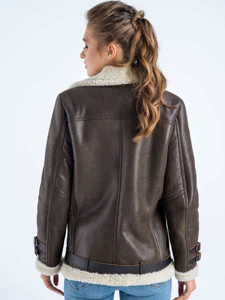 Brown Biker Bomber Sheepskin Jacket with Cream Shearling Fur-1