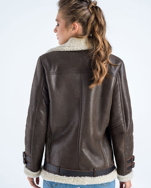 Brown Biker Bomber Sheepskin Jacket with Cream Shearling Fur-1