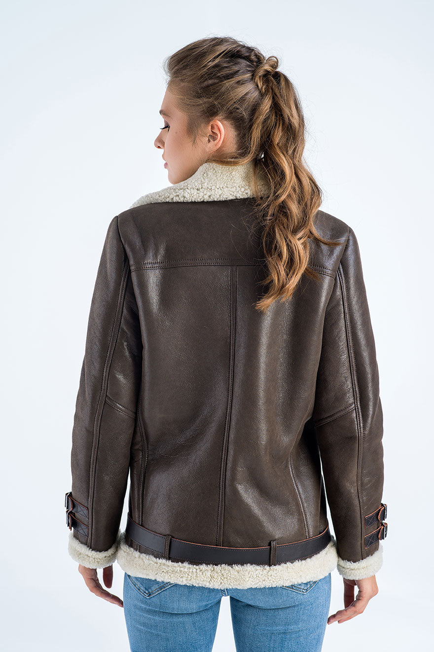 Zenaida — Brown Biker Bomber Sheepskin Jacket with Cream Shearling Fur, alternate view 2
