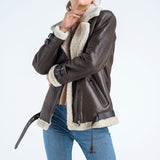 Brown Biker Bomber Sheepskin Jacket with Cream Shearling Fur-3