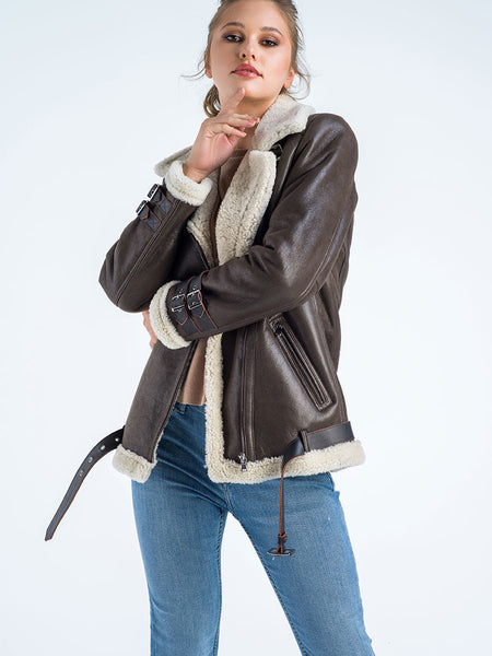 Brown Biker Bomber Sheepskin Jacket with Cream Shearling Fur-3