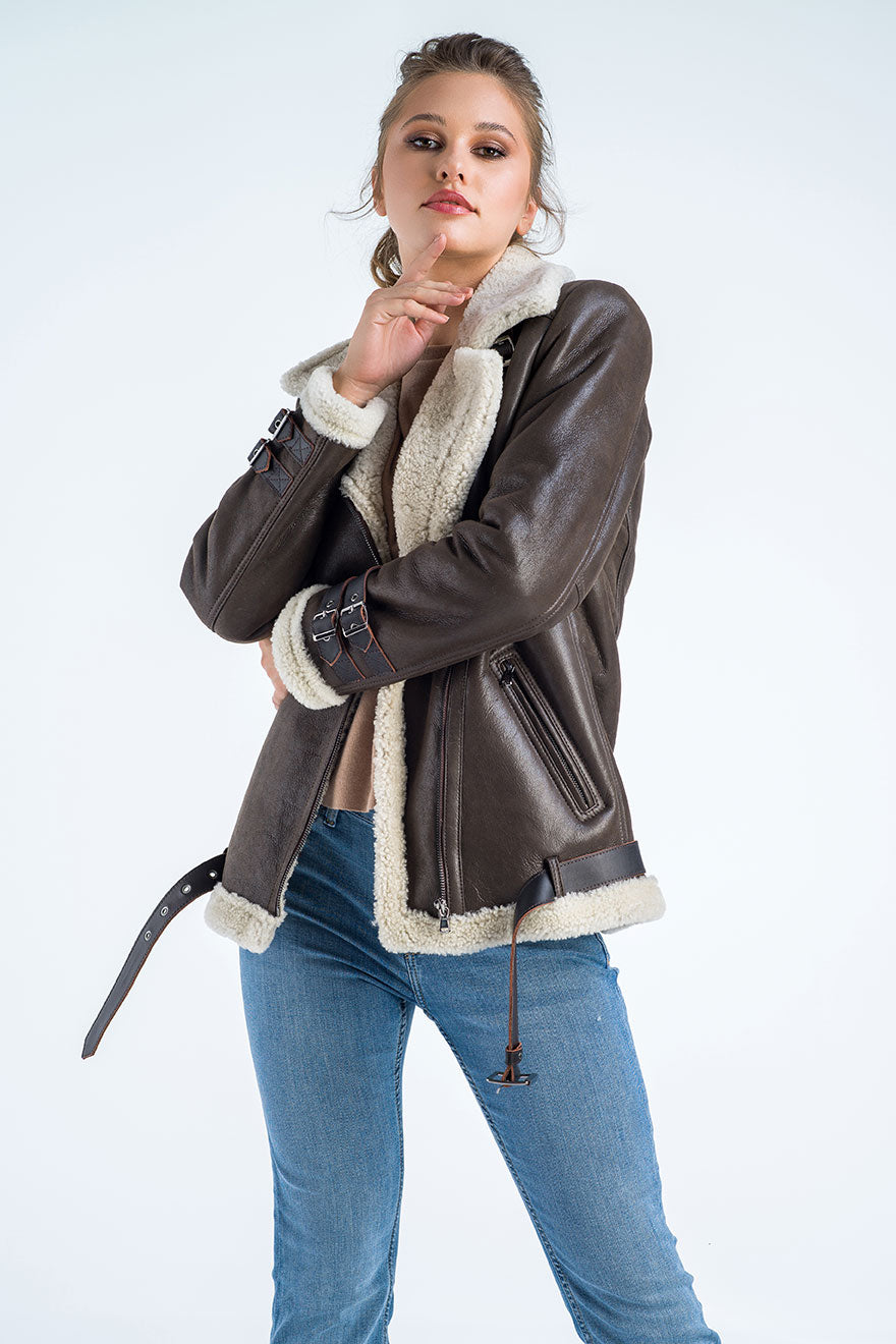 Zenaida — Brown Biker Bomber Sheepskin Jacket with Cream Shearling Fur, alternate view 4
