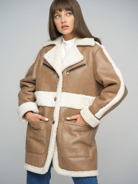 Beige Sheepskin Bomber Jacket