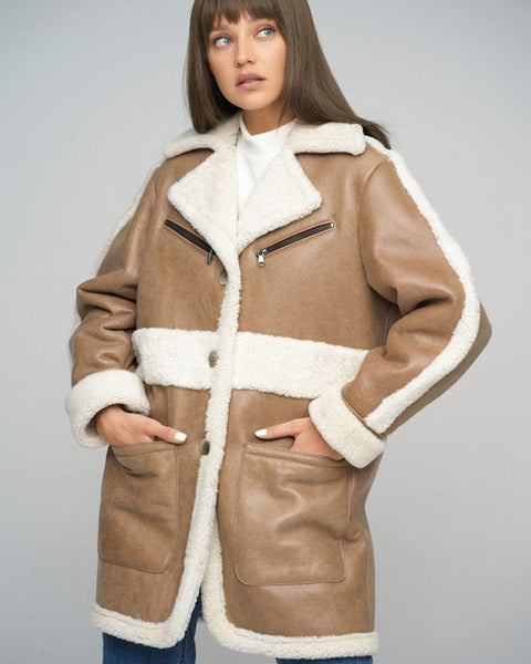 Beige Sheepskin Bomber Jacket