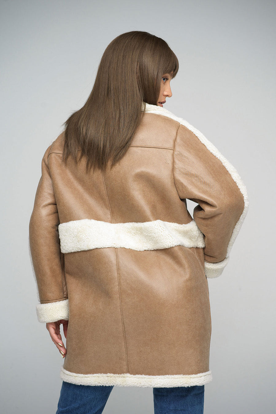 Evadne — Beige Sheepskin Bomber Jacket