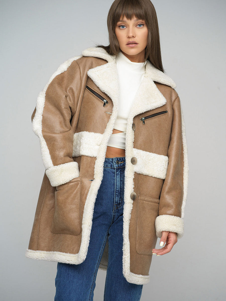 Beige Sheepskin Bomber Jacket