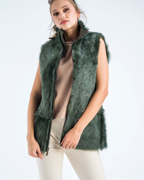 Olive Geniune Reversible Sheepskin Fur Vest