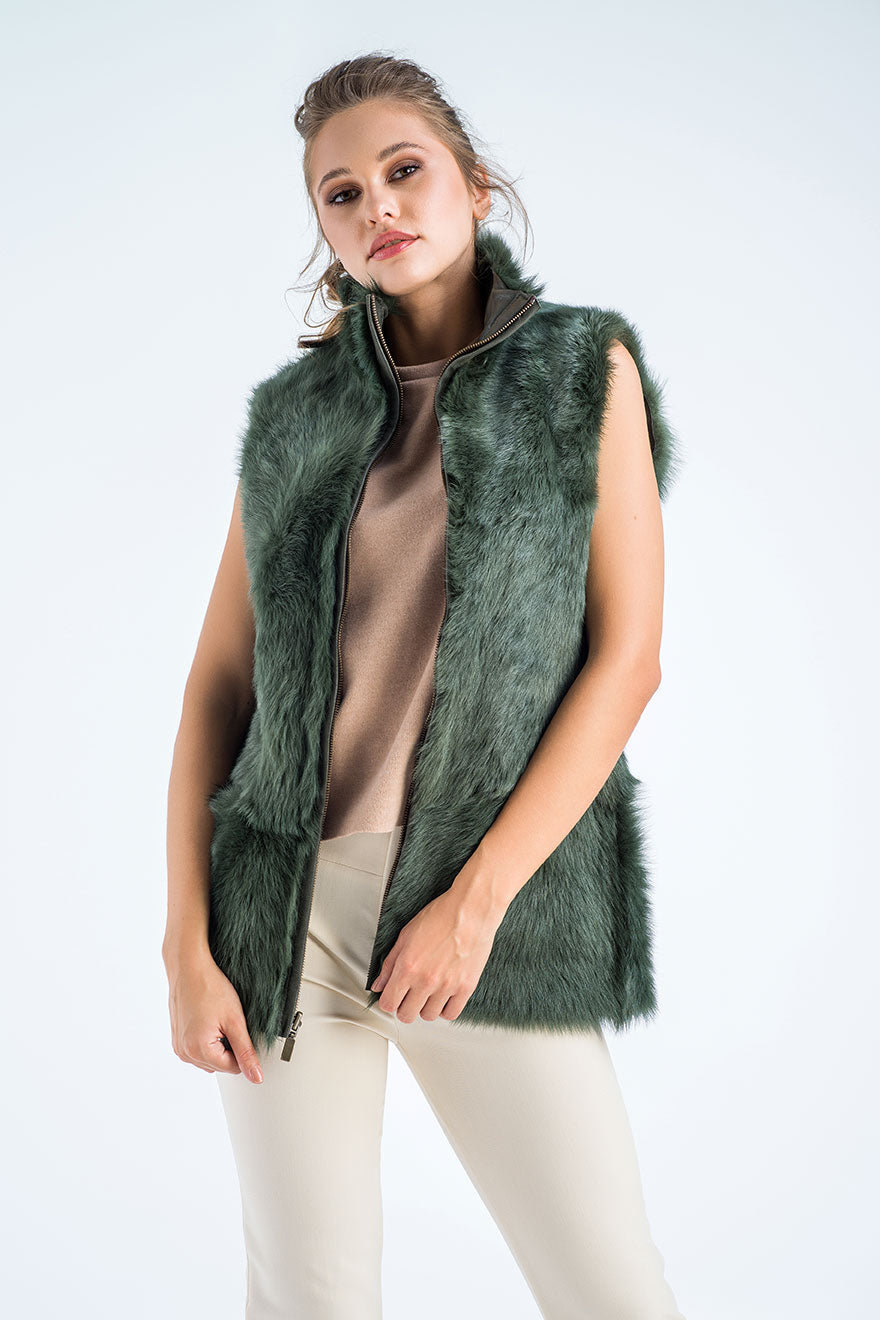 Nerissa Rivière — Olive Geniune Reversible Sheepskin Fur Vest Olive Women's Coat or Jacket
