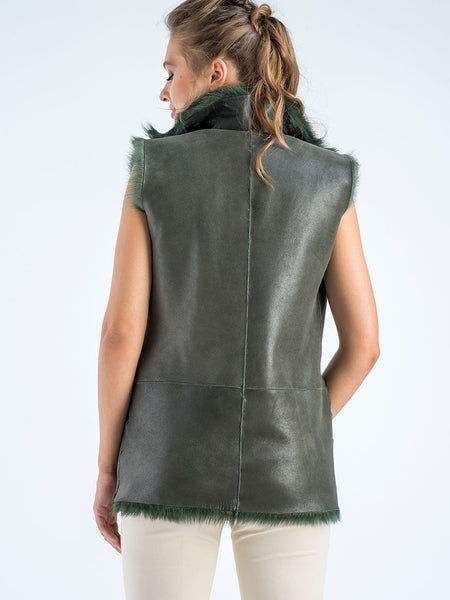Olive Geniune Reversible Sheepskin Fur Vest