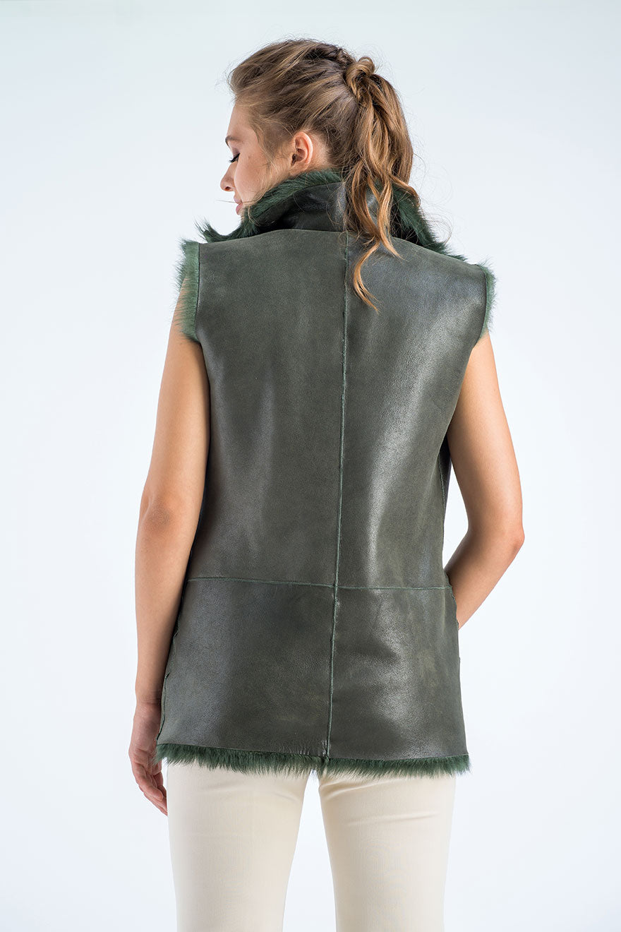 Nerissa Rivière — Olive Geniune Reversible Sheepskin Fur Vest Olive Women's Coat or Jacket, alternate view 4